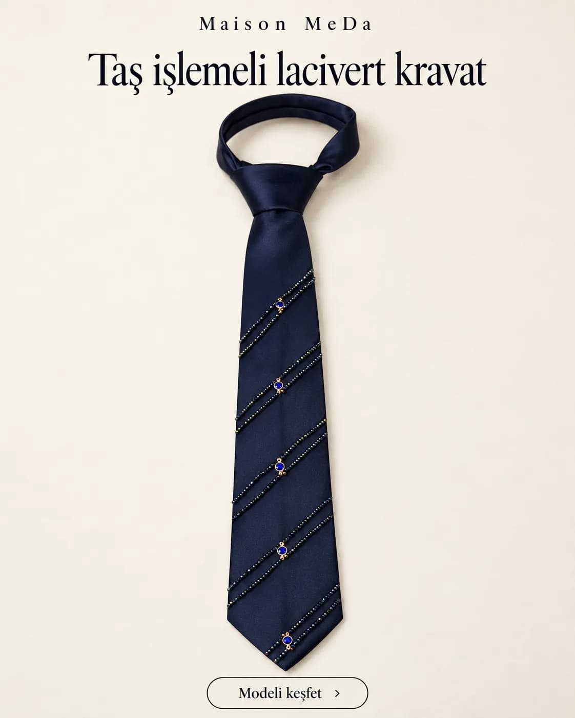 Maison MeDa El İşlemeli Lacivert Kravat
