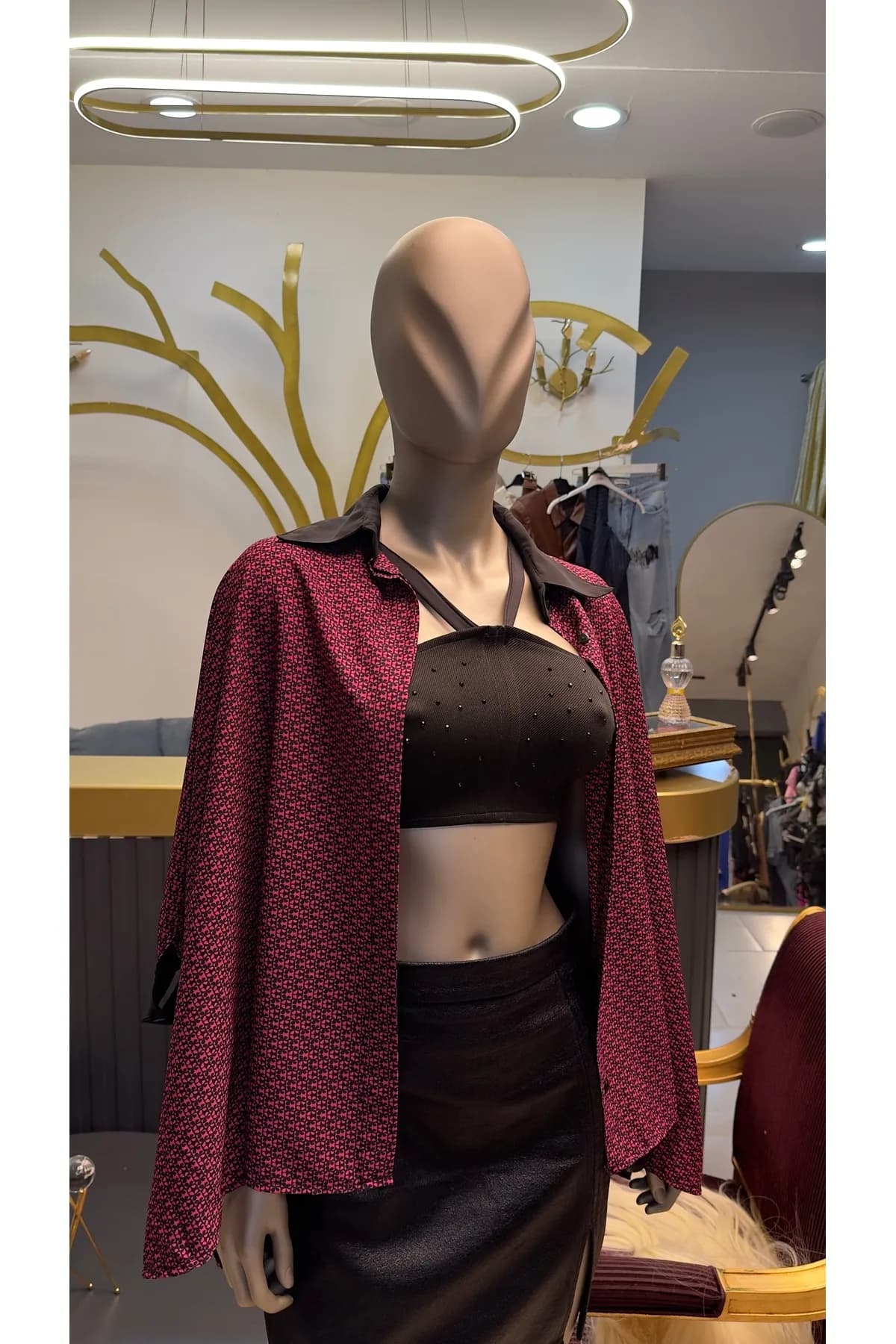 Siyah Garnili Desenli Oversize Kadın Gömlek — görsel 2