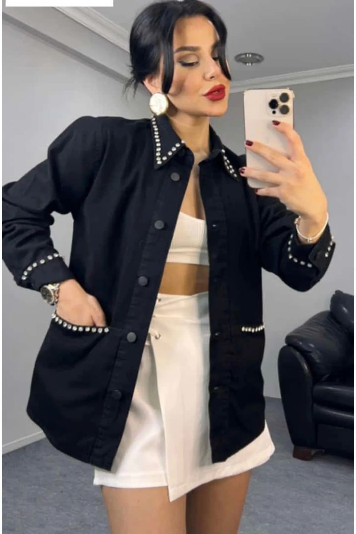 kristal taş Detaylı Oversize Ceket Gömlek — görsel 4